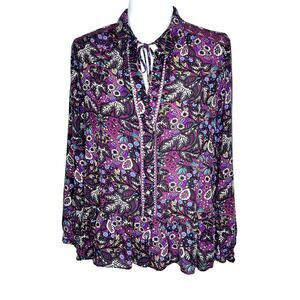 Maeve Janie Purple Floral Leaf Print Peasant Boho Ruffle Hem Blouse